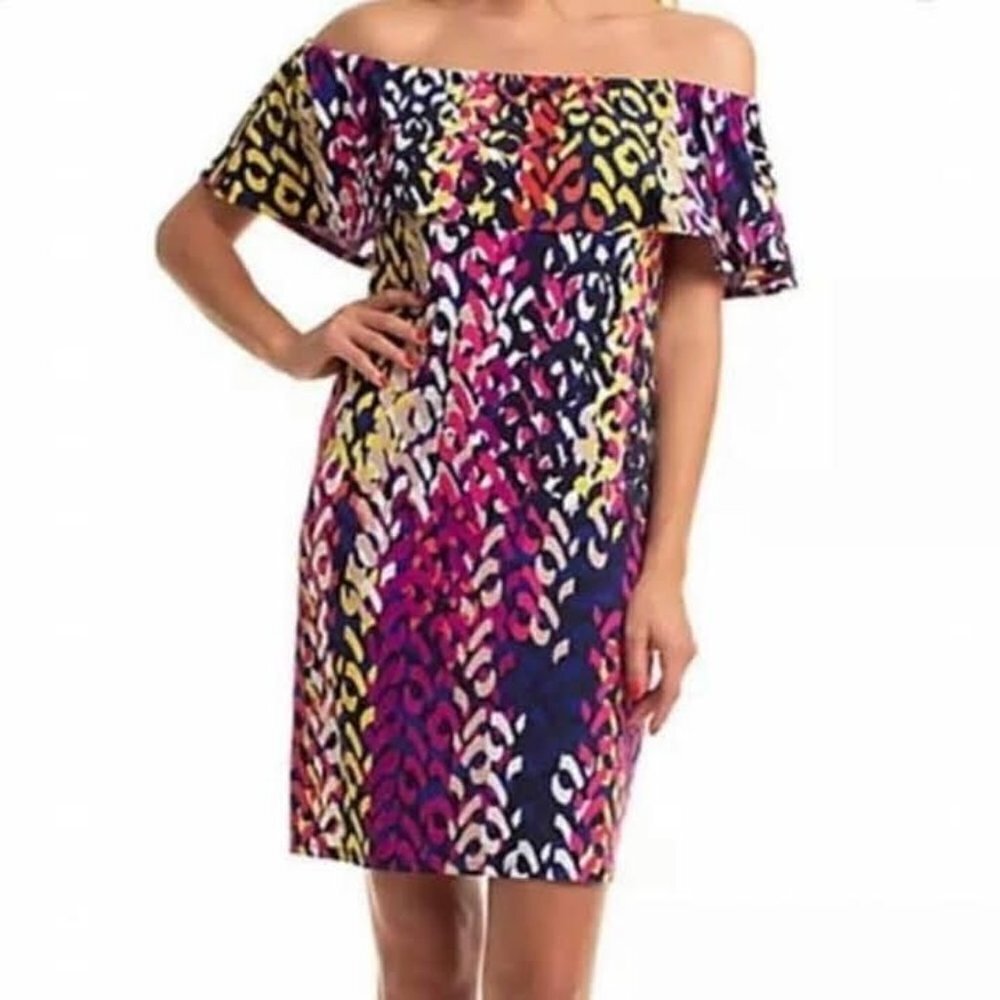 Trina Turk Off-Shoulder Mini Dress in Navy, Pink, Yellow